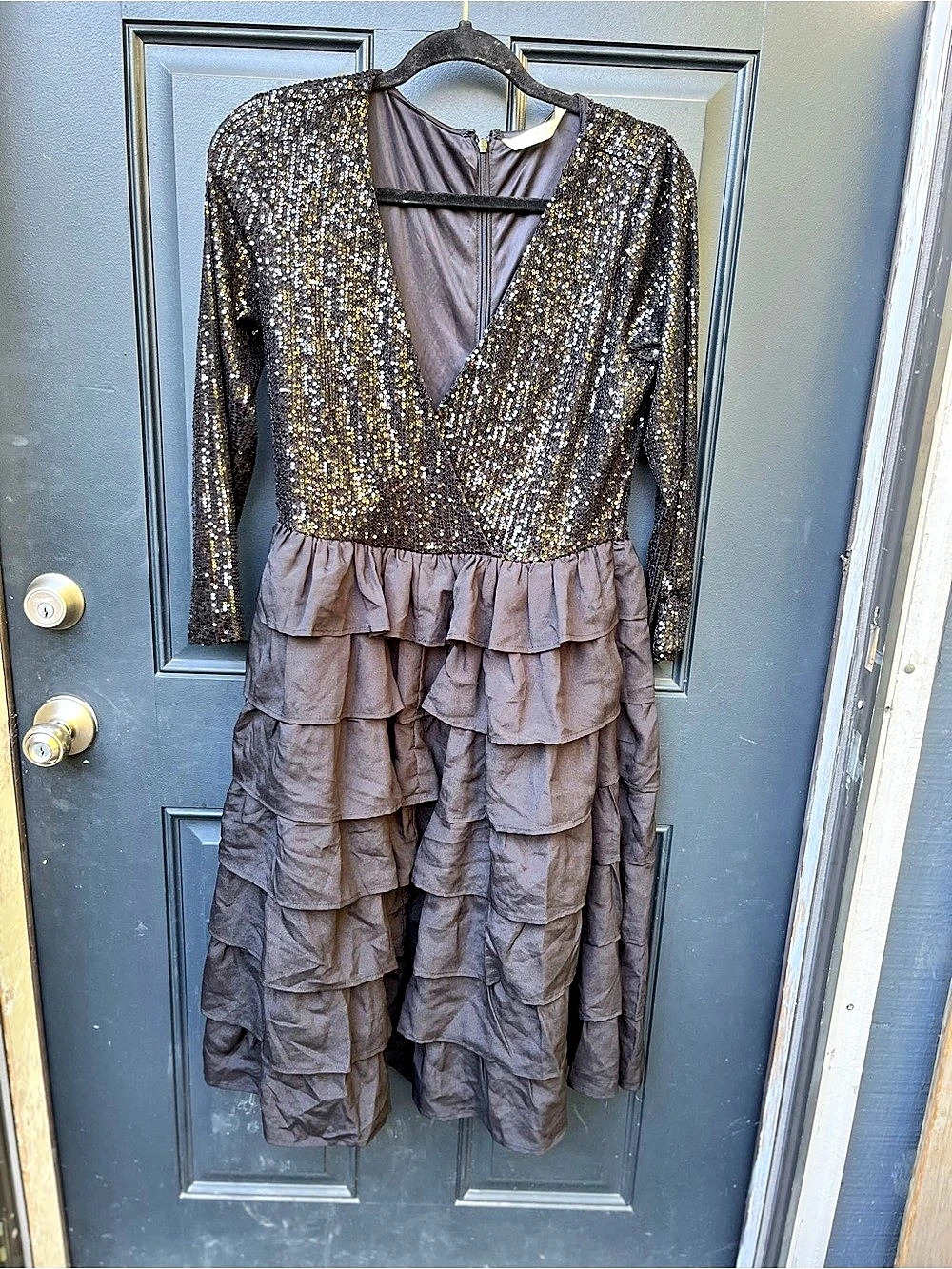 WAYWARD FANCIES Sequin Tiered Midi Dress in Brown & Gold Like New